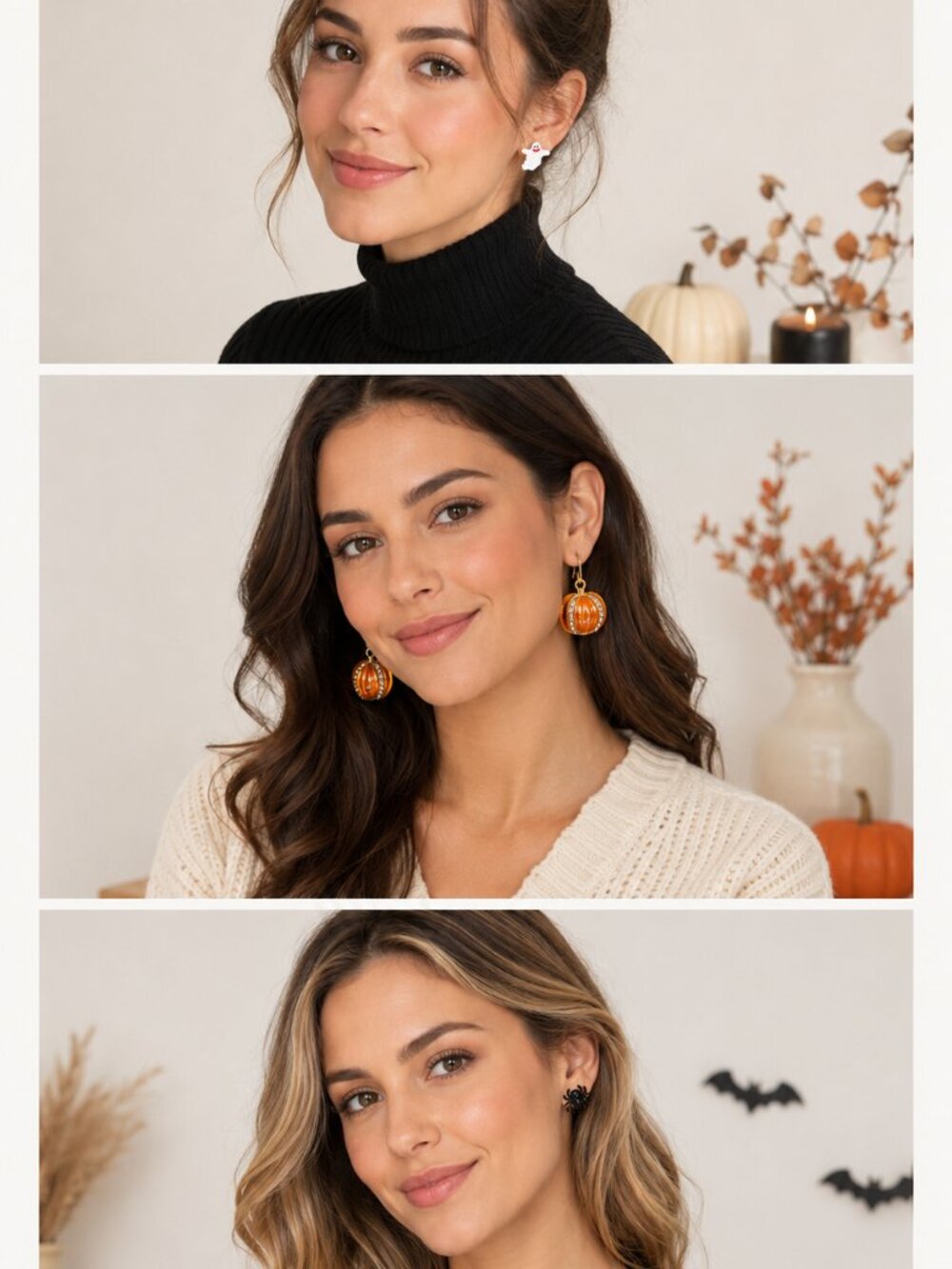 Halloween Earrings 3 Pair Set Ghost Pumpkin Spider Orange Crystal